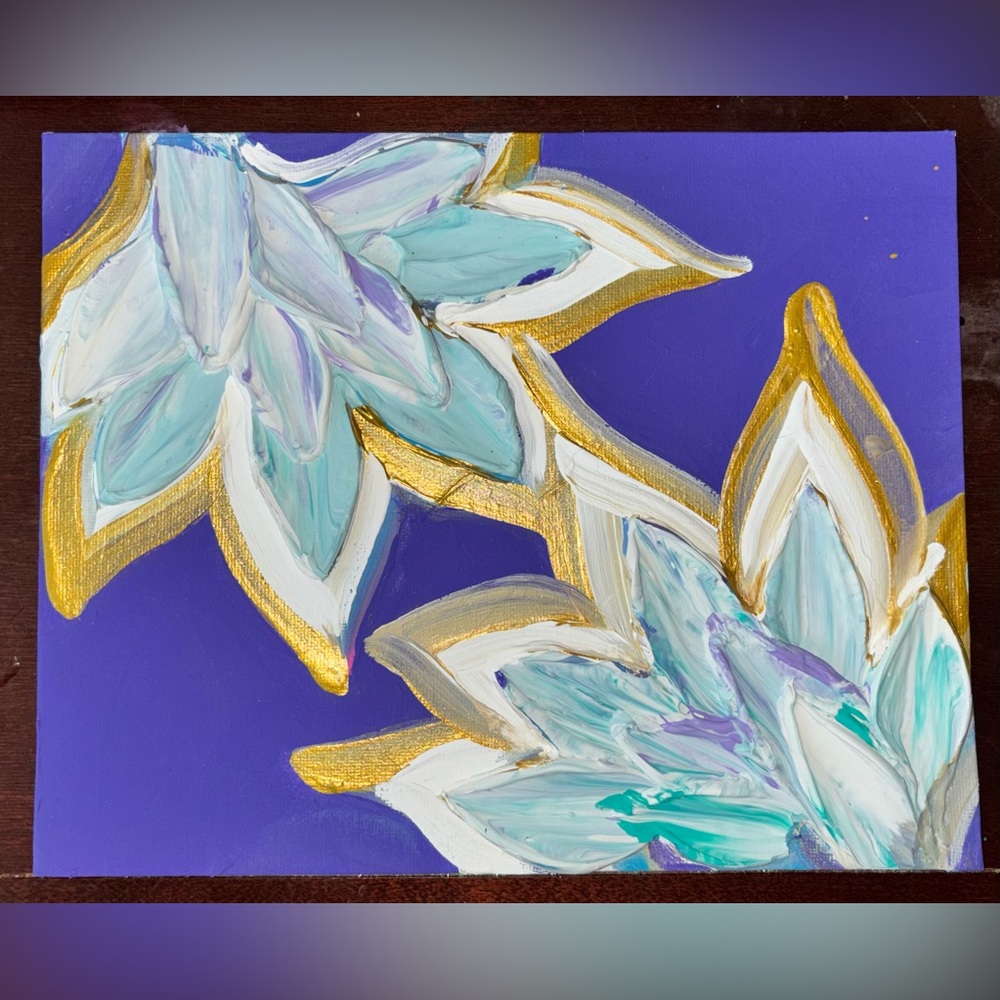 Aqua & teal lilies - 3d Floral Canvas in Purple, Teal & Gold - handmade
